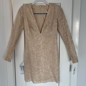 NWT SHO by Tadashi Shoji Long Sleeve Plunge Neck Embroidered Mini Dress
